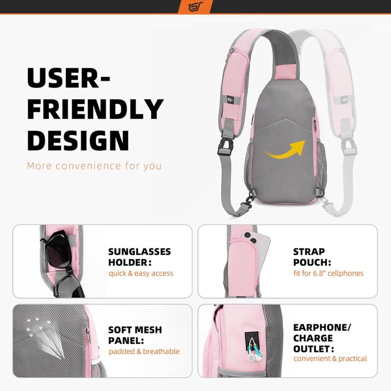 SKYSPER Sling Bag RFID Crossbody Sling Backpack Cross Body Shoulder Bag Travel Hiking Daypack for Women Men(Pink) - Image 4